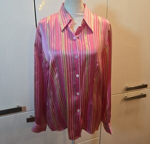 100% Silk Striped Button Down Shirt Pink Yellow Size Medium Womens